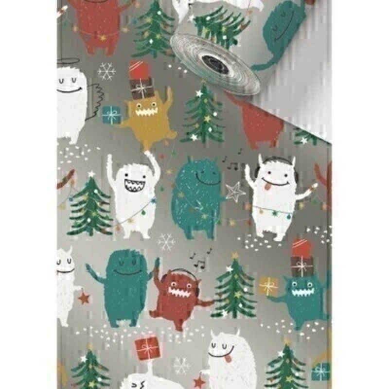Yeti Silver Christmas Gift Wrap On Roll By Stewo Silver festive Christmas roll wrap paper by Swiss designer Stewo featuring yeti and monsters. Coated 80gsm Christmas wrapping paper. Approx size of roll 70cm x 2metres.